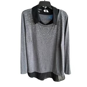 I.N. STUDIO gray sequin sweater black sheer collar and hem lagenlook plus Sz 1X